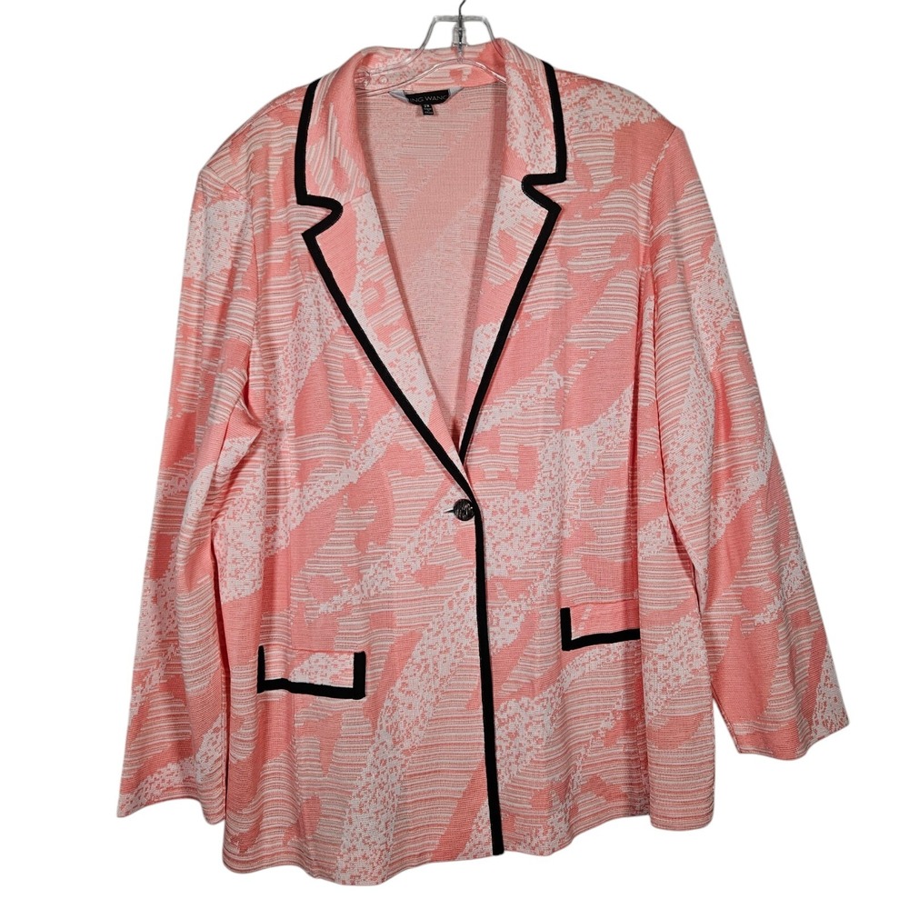 Ming Wang Knit Blazer Womens 2X Pink White Abstract Single Button Career Modern - Picture 2 of 15